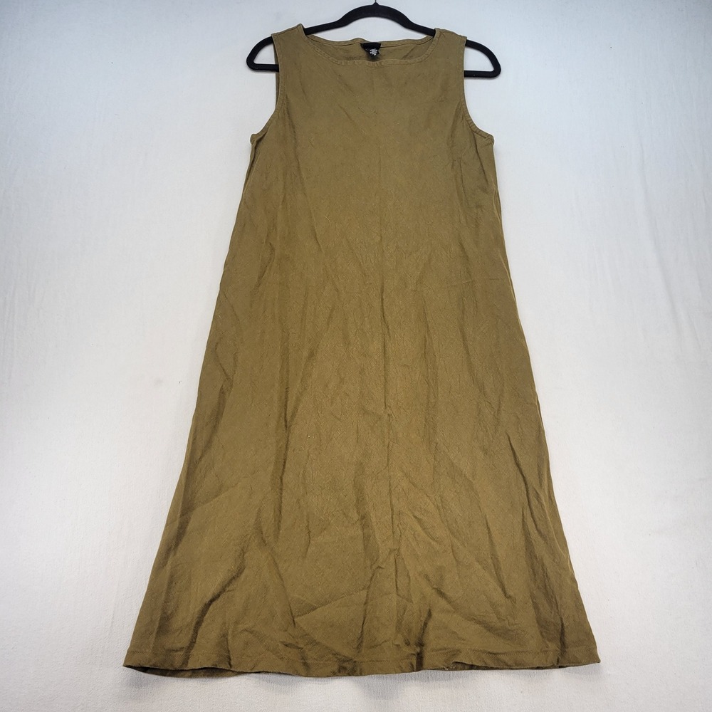 Eileen Fisher Dress Womens Medium Olive Green Shift Sleeveless Linen Blend Midi